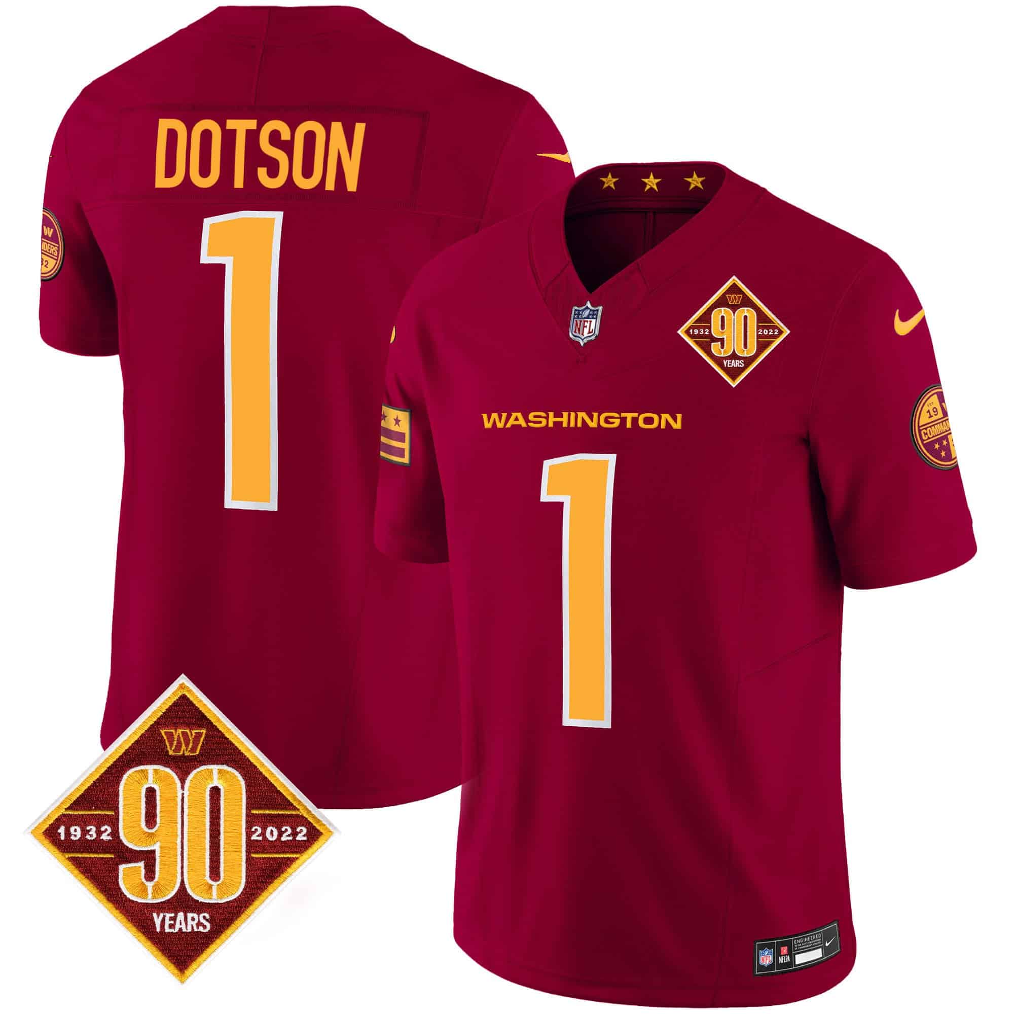 Men Washington Commanders 1 Dotson Red 90th Anniversary Patch 2024 Nike Vapor Limited NFL Jersey style 1